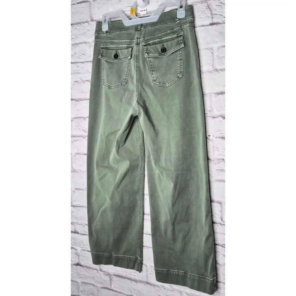 ​SPANX Twill Crop Wide Leg Pants Medium Olive Green High Waist Stretch women's.